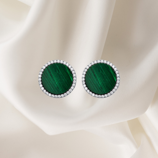 Malachite & CZ Halo Stud Earrings – Silver 925
