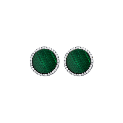 Malachite & CZ Halo Stud Earrings – Silver 925